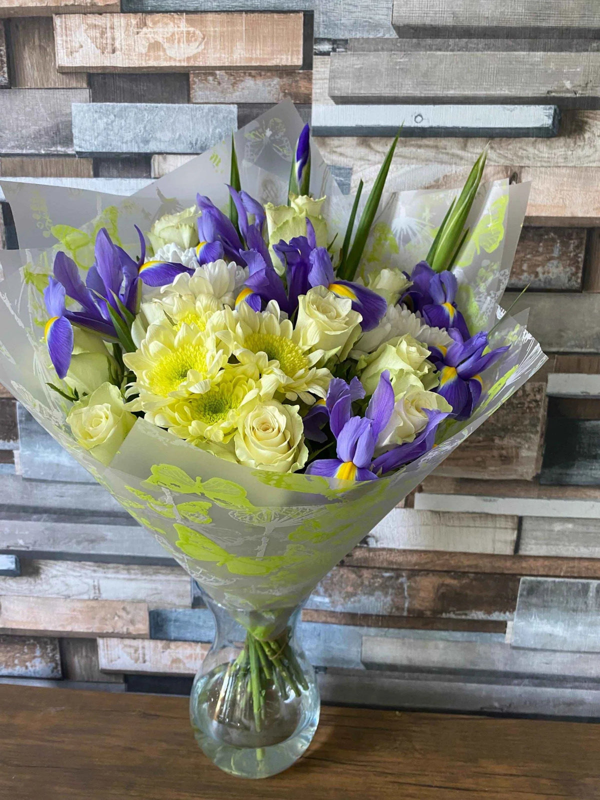 White Roses Blue Iris Bouquet - Hand-Tied Floral Arrangement