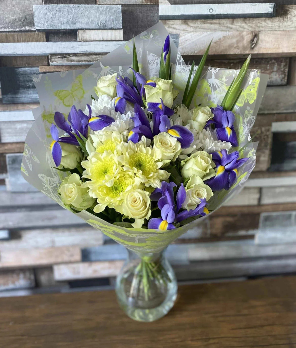 White Roses Blue Iris Bouquet - Hand-Tied Floral Arrangement