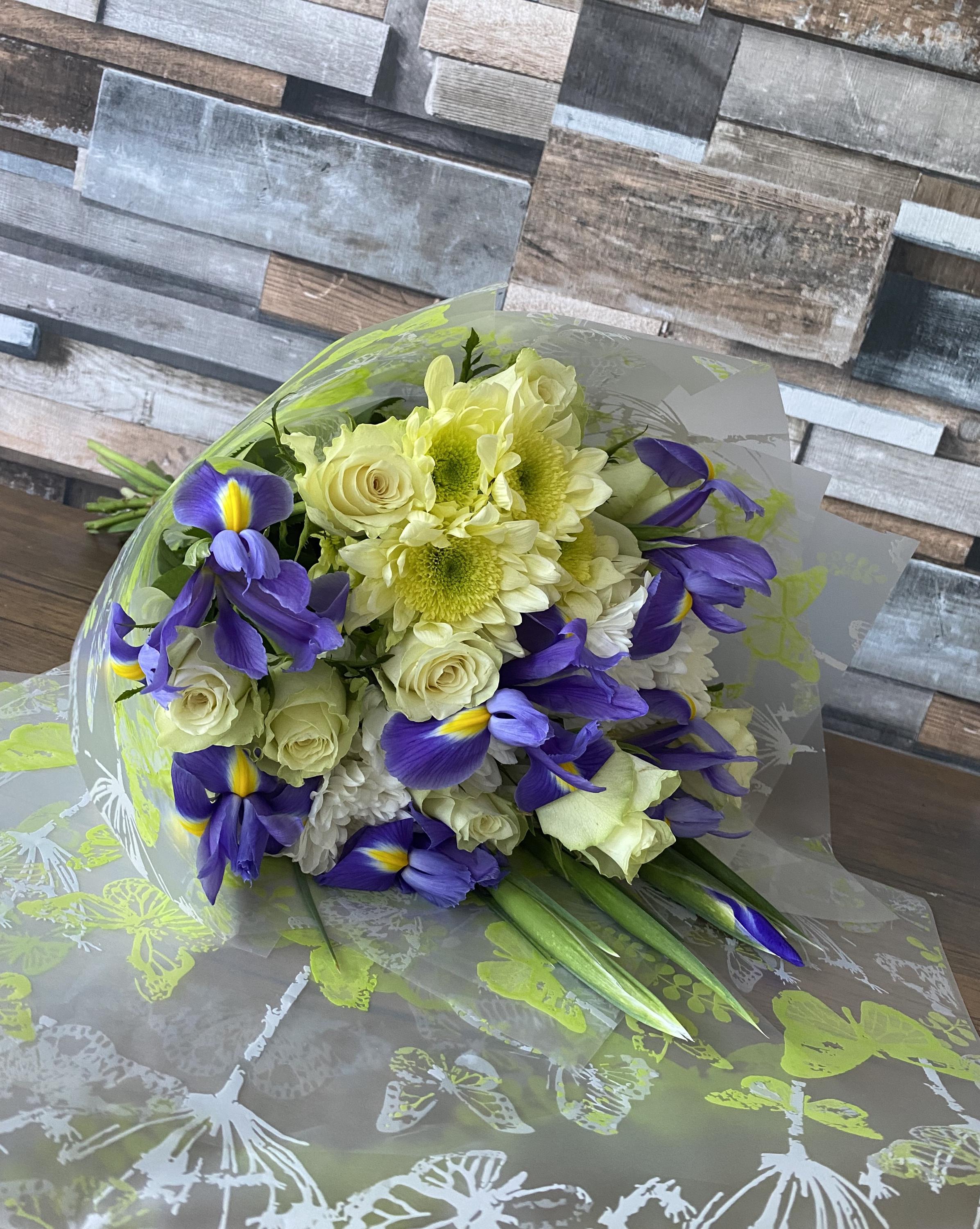 Elegant white roses blue iris hand-tied bouquet eco-friendly