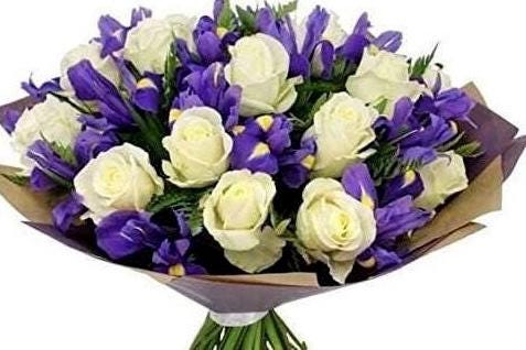 White roses and blue iris arrangement wedding sympathy gift UK