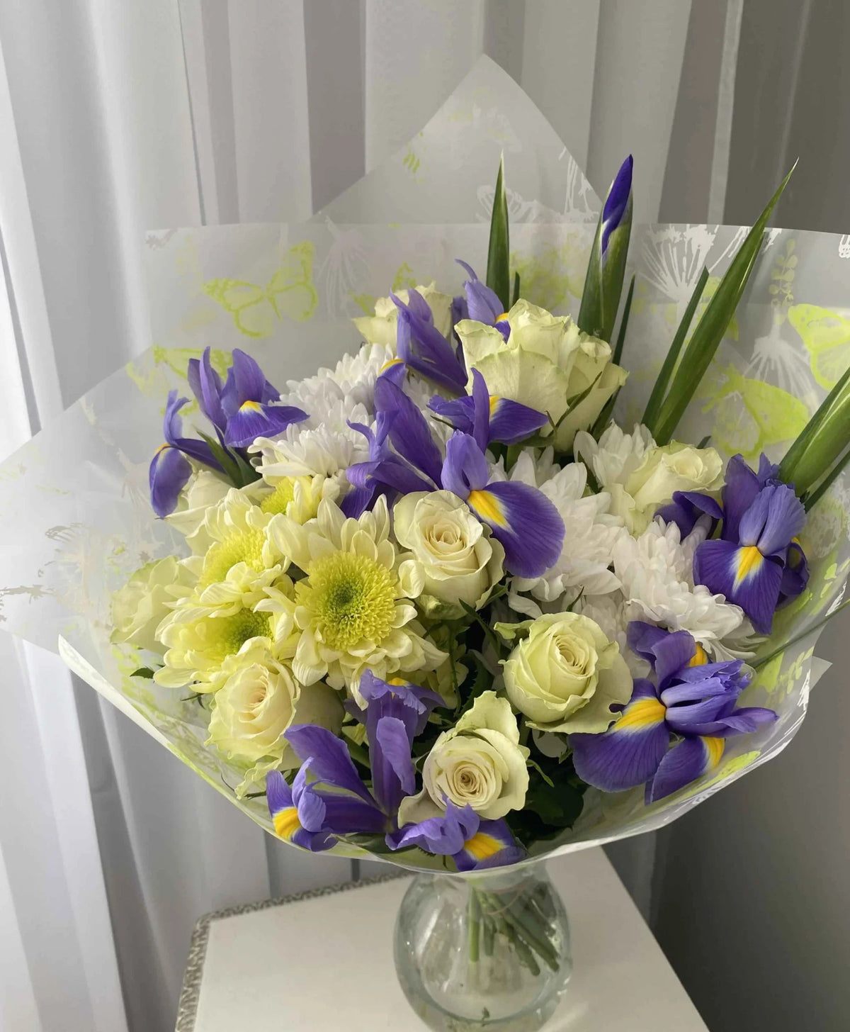 White Roses Blue Iris Bouquet - Hand-Tied Floral Arrangement