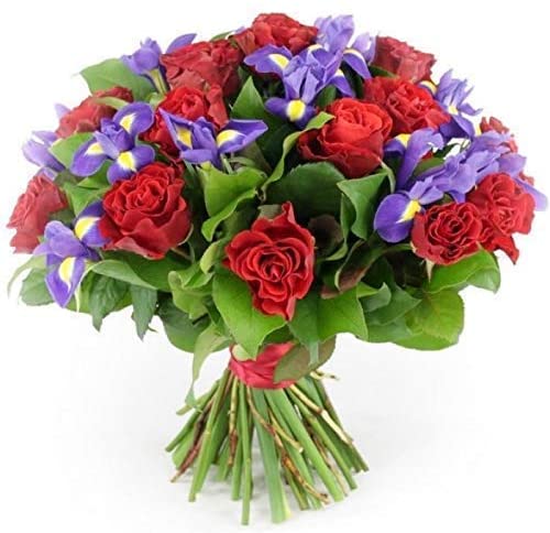 Mother's Day Fresh Red Roses & Blue Iris Bouquet - Delivered UK