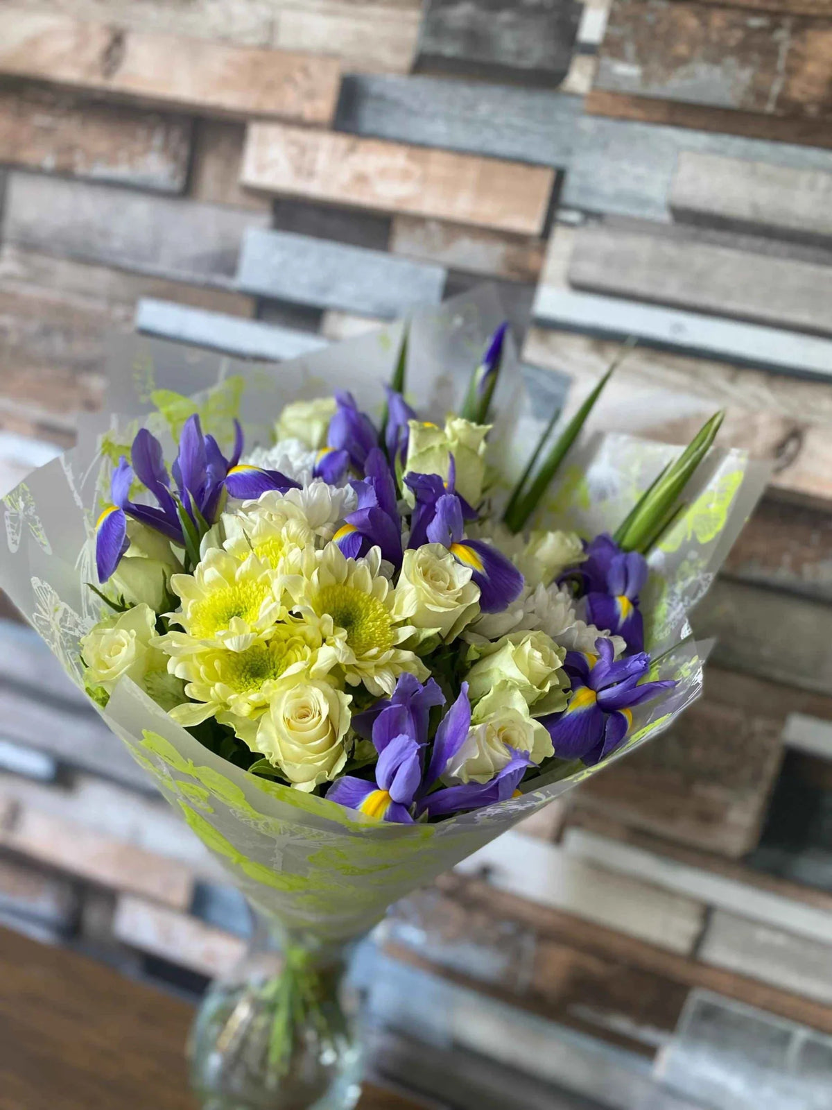 White Roses Blue Iris Bouquet - Hand-Tied Floral Arrangement