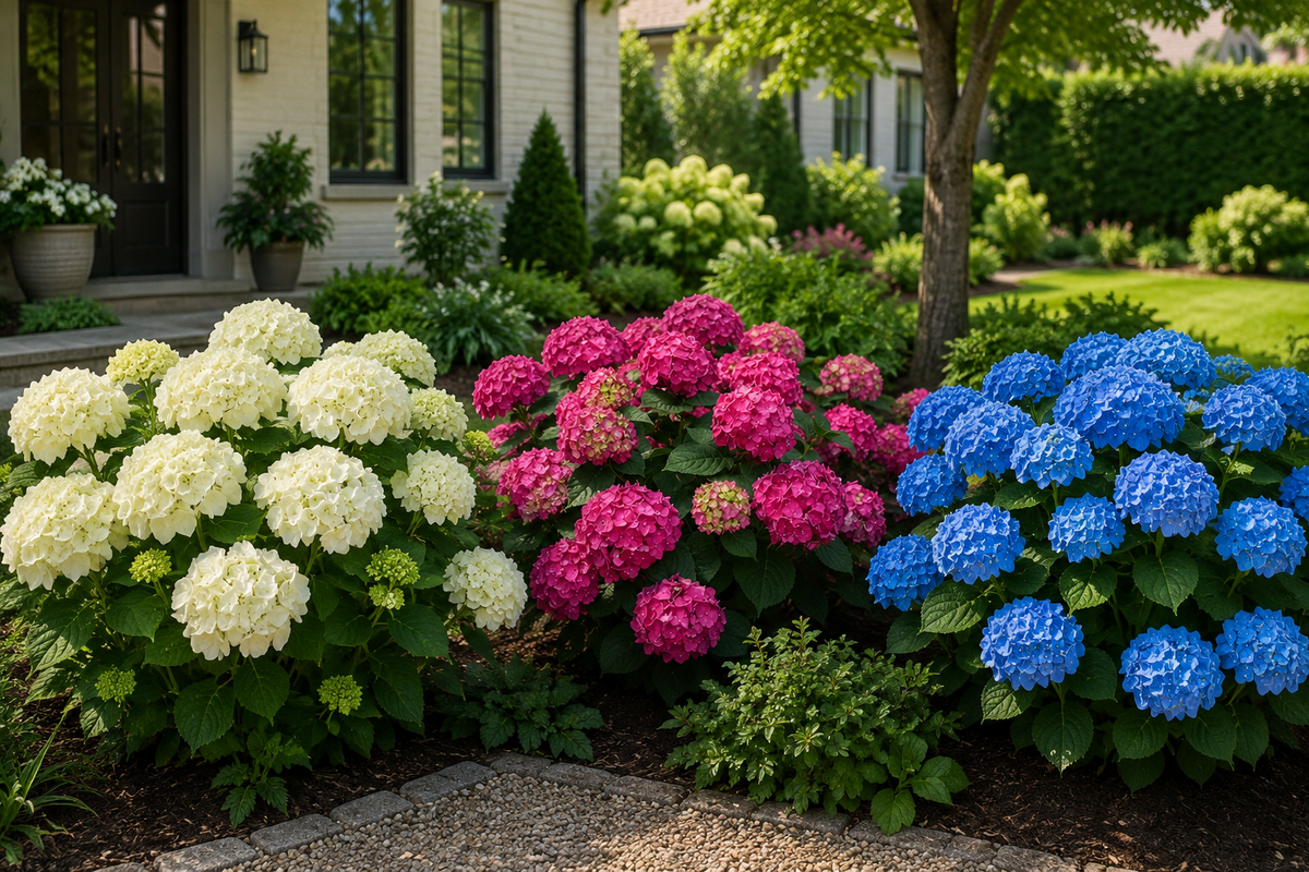 Mixed Hydrangea Macrophylla 3x Plants in Pots - Outdoor Garden Ready Flowering Shrubs (15-25cm Incl. 9cm Pot) - Blue, Pink & White