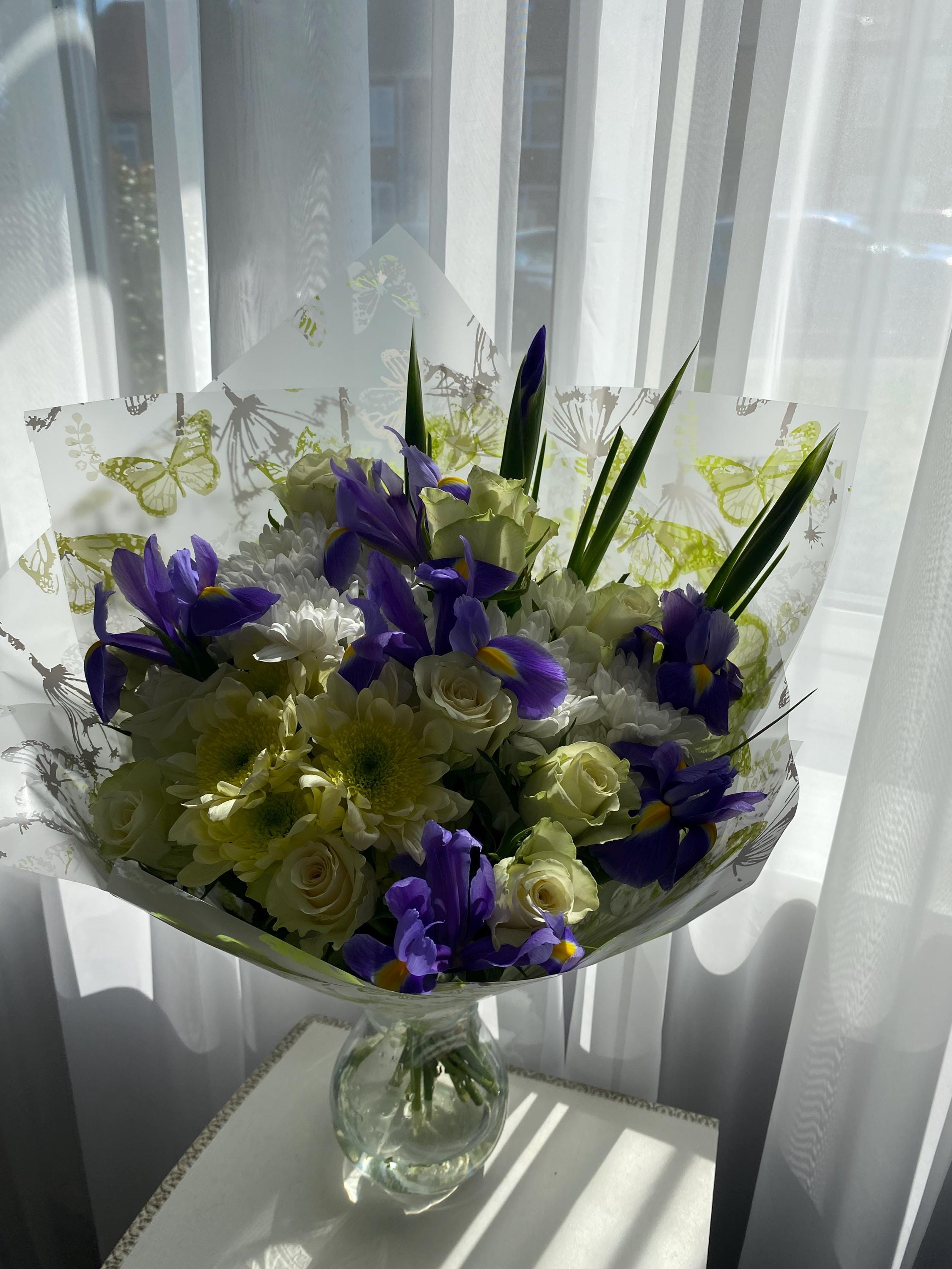 White roses blue iris bouquet hand-tied elegant flowers UK delivery
