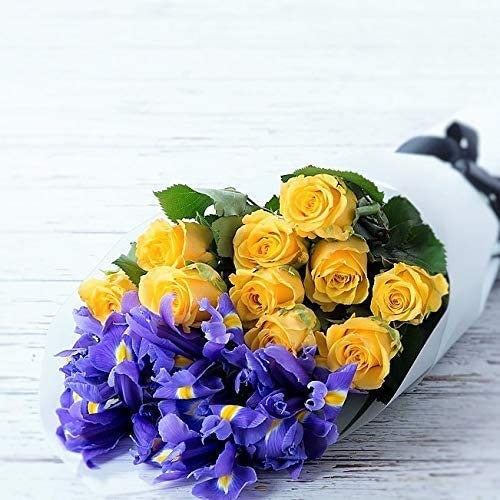 Yellow roses and blue iris arrangement birthday anniversary gift