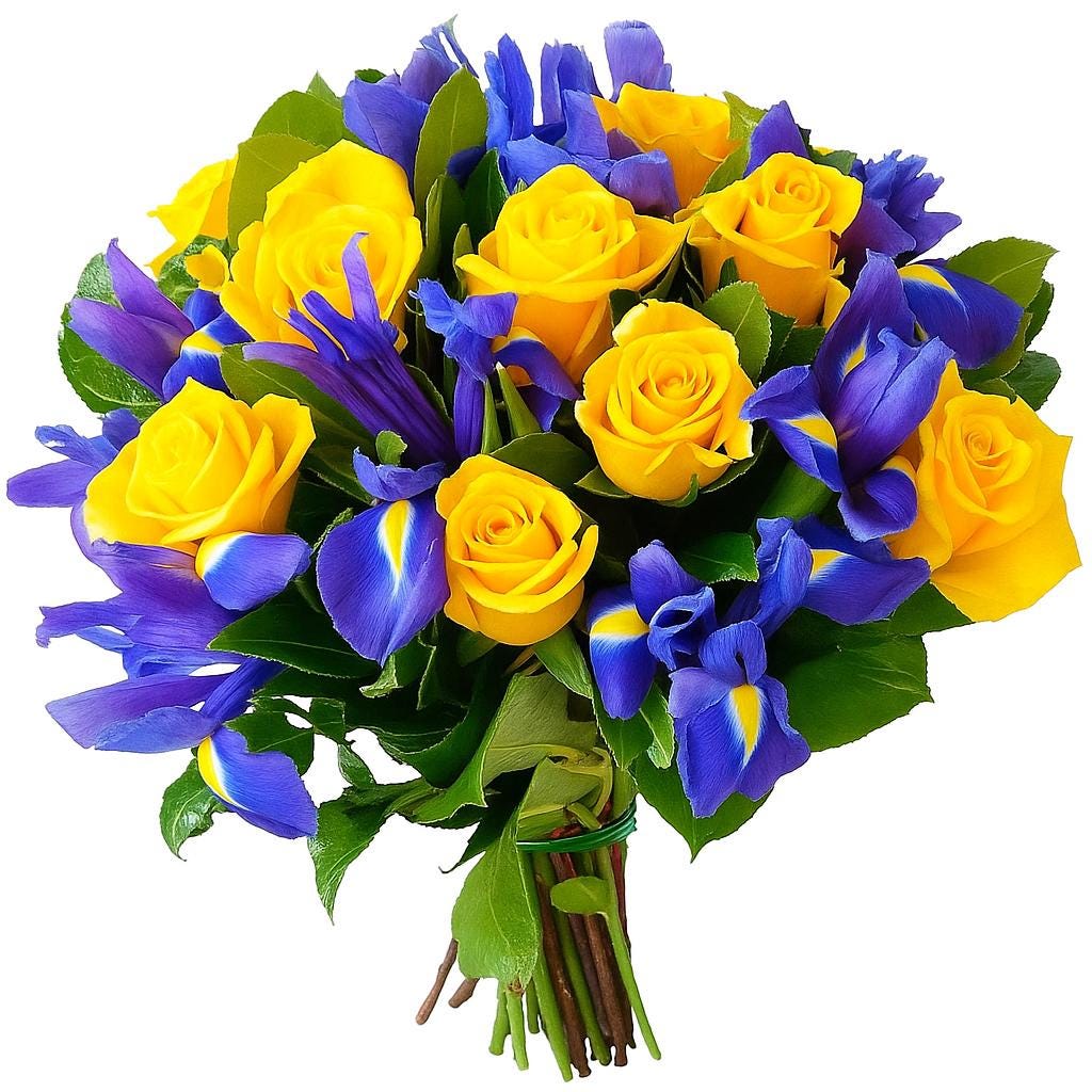 Yellow roses blue iris bouquet hand-tied fresh flowers UK delivery
